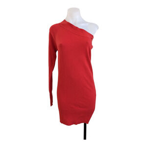 Kaufman Franco Sz XS One Shoulder Knit Sweater Dress Red Cotton Wool Nylon Blend